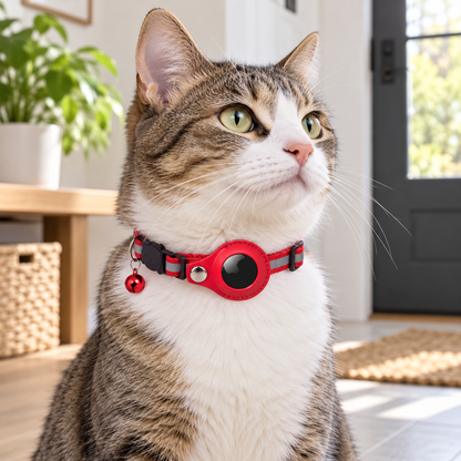 Red Reflective Cat Collar with Round Tracker Holder