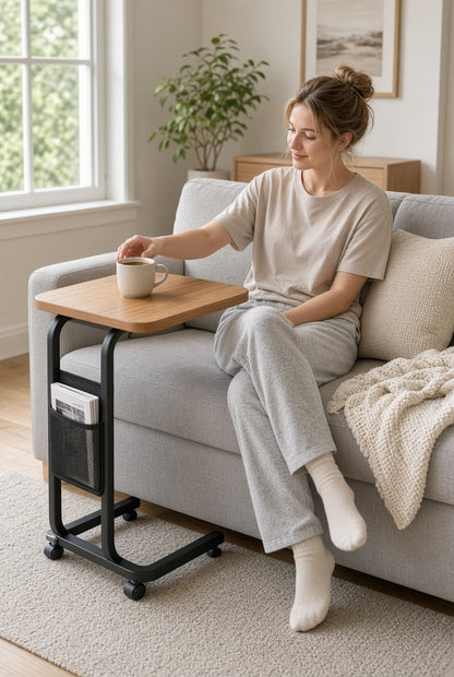 Mobile C-Shaped Side Table with Storage