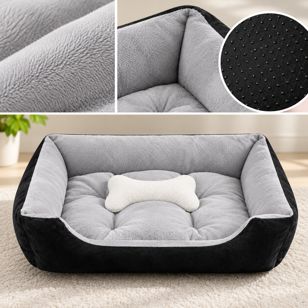 Black &amp; Gray Bolstered Pet Bed with Bone Cushion