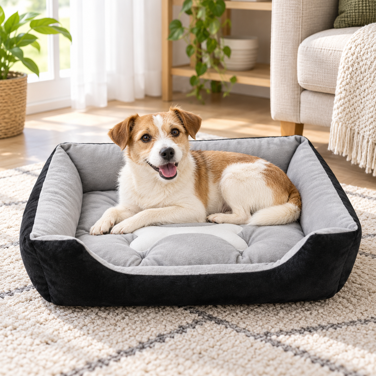 Black &amp; Gray Bolstered Pet Bed with Bone Cushion