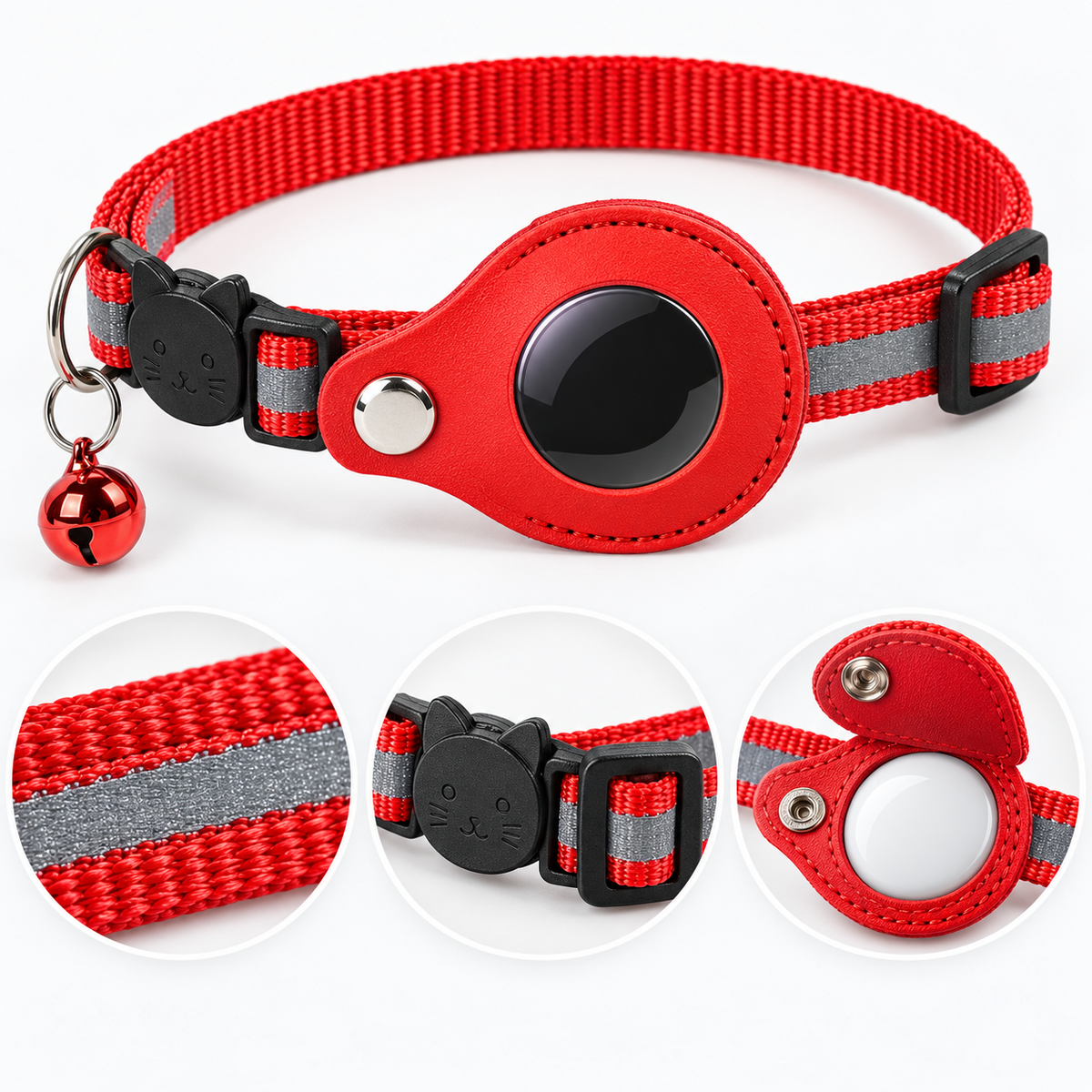 Red Reflective Cat Collar with Round Tracker Holder