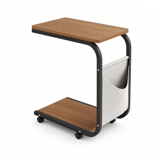 Mobile C-Shaped Side Table with Storage