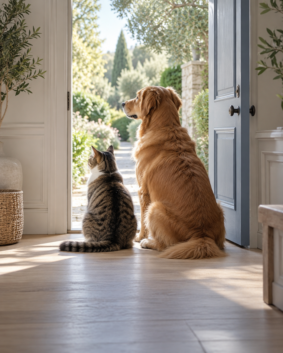 A cat and dog sitting together by an open doorway