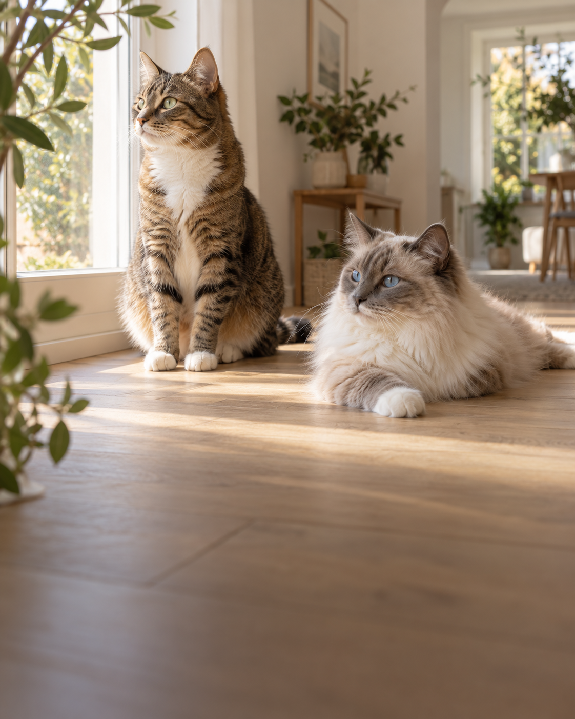 Two cats relaxing in a warm, sunlit home