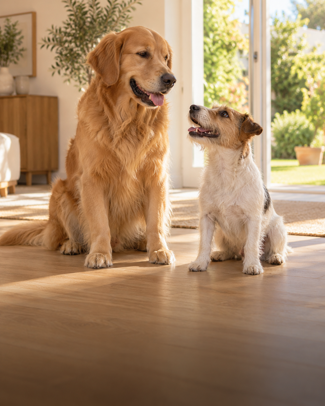 Two dogs together in a warm, sunlit home