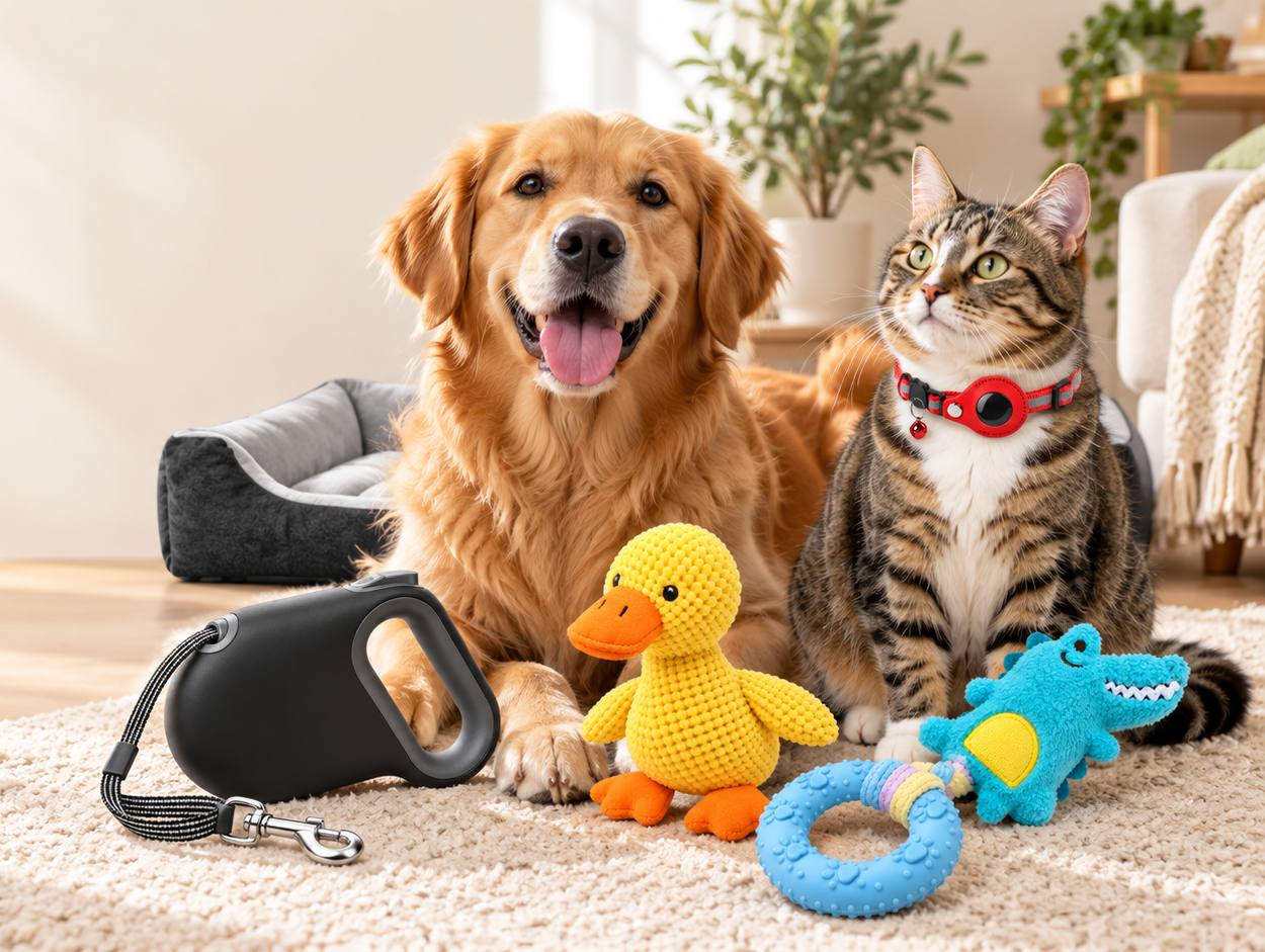 A happy dog and cat at home with a pet bed, leash and toys